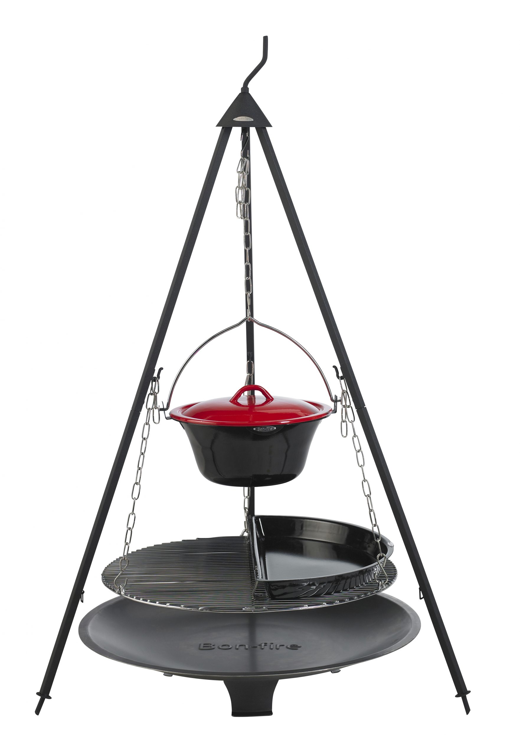 Bon-fire Brazier in steel and Basic set with Half BBQ pan and Stew pot.